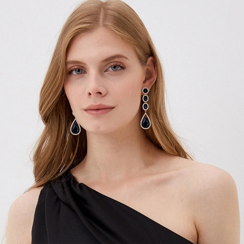 EVER FAITH Black Rhinestone Crystal Multi Teardrop Pierced Drop Dangle