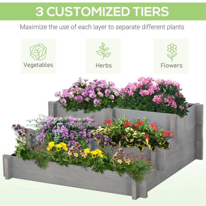 3 Tier Elevated Wood Flower Box Gray Raised Garden Bed