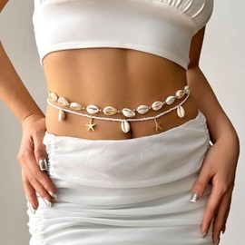 Xandova 5Pcs Shell Necklace Bracelet Seashell Waist Chain Mermaid Costume Accessories Summer Beach Jewelry for Women(Beige)