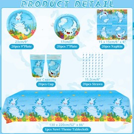 KEFAN Blue Axolotl Birthday Party Decorations, Blue Axolotl Theme Party Tableware Supplies including Plates, Cups, Napkins, Tablecloth, Serves 20 (20)