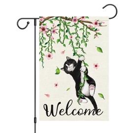 Louise Maelys Welcome Spring Cat Garden Flag 12x18 Double Sided, Burlap Small Black Cat Flower Floral Garden Yard Flags for Spring Summer Outside Outdoor House Decoration (Only Flag)