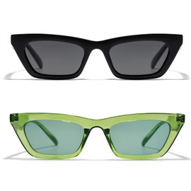 VANLINKER Polarized Small Trendy Skinny Cat Eye Sunglasses Women Vintage Tiny Square Shade 2 pack black green