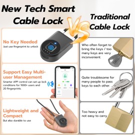 Fingerprint Cable Lock, eLinkSmart Fridge Locks with Bluetooth APP Control, Biometric Smart Padlock for Adults Baby Proof Cabinet Refrigerator French Door Cabinet Gate Locker Bike, 14.9'' Long Black