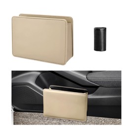 Gasedin Car Trash Can, Leather Foldable Seat Back Hanging Vehicle Wastebasket, Mini Multifunctional Automobile Organizer with One Roll Trash Bag, Universal Car Accessories (Beige)