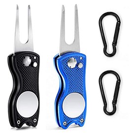 YYWEi 2Pcs Golf Pitch Mark Repair Tool Switchblade Metal Foldable Golf Tool and Foldable Magnetic with Golf Ball Marker + 2 x Carabiner