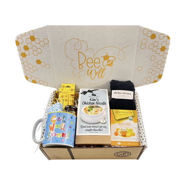 Get Well Soon Gift Basket with Soup, Mug, Socks, Lotion & More in Bee Well Unique Gift Box