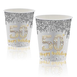 MORAINJAY 16Pcs Birthday Paper Cups for 50,9oz/250ml Silver and Gold Cup for 50th Birthday Party,Party Cups for Men Women Her Him,Birthday Tableware Set Party Supplies Table Decorations