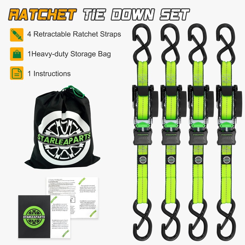 STARLEAPARTS Retractable Ratchet Straps (4PK 1.0INX12FT) - 1,500lb Break Strength,