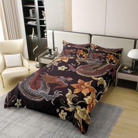 Loussiesd Duvet Cover Set Chinese Style Dragon Flower Pattern Bedding Set 135 x 200 cm 100% Cotton for Girls Adults Vintage Flowers Printed Bed Set Luxury Breathable 2 Pieces