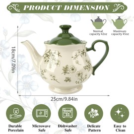 45oz Bone China Teapot, Vintage Green Floral Large Tea Pot for 4-6 People