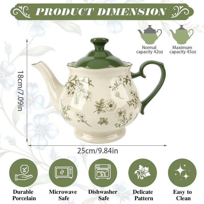 45oz Bone China Teapot, Vintage Green Floral Large Tea Pot