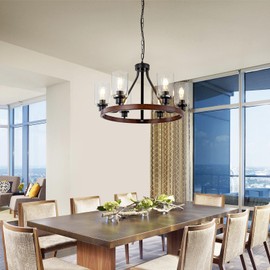 Lanhall 6-Light Farmhose Chandelier for Dining Room Light Fixture Faux Wood Kitchen Pendant Light Round Rustic Ceiling Hanging Lighting with Glass Globes Adjustable Height Metal E26