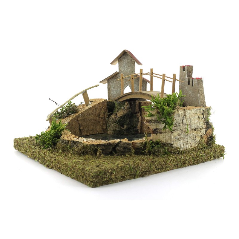 Bertoni Wooden Mountain Lake with Bridge and Tree, Wood, Multi-Colour,