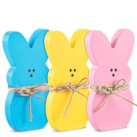 Easter Bunny Decor, 3Pcs Easter Wooden Bunny Peeps Rabbit Shape Tiered Tray Decor Rustic Farmhouse Decor for Office Dining Room Mantle Home Wood Rustic Farmhouse (Blue+Yellow+Pink)