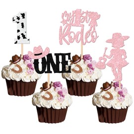 24 piezas de decoración para cupcakes de primer cumpleaños con purpurina para mi primer rodeo, sombrero para el primer cumpleaños, vaquera, una magdalena para baby shower con temática occidental, niños y niñas, suministros para decoración de pasteles