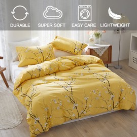WONGS BEDDING Yellow Floral Duvet Cover Set Queen, 3 Pieces Flower Plum Blossom Printed Bedding Set with 2 Pillowcases, Botanical Branch Comforter Cover Set Queen Size 90"X90"(Not Comforter)
