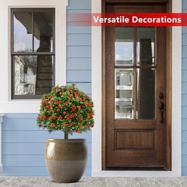 28" Artificial Boxwood Topiary Tree with Rose, Set of 2 Artificial Shrub Bushes with Ground Spike, Fake Evergreen Tree for Porch, Artificial Plants for Outdoor Planters Indoor UV Resistant