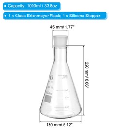 PATIKIL Erlenmeyer Flask, 1000ml 33.8oz Narrow Mouth Graduated Flasks with Silicone Stopper Borosilicate Glass Flasks with Printed Graduation for Lab Experiment Chemistry Science