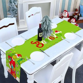 Nepnuser Whoville Christmas Decoration Grinchmas Table Runner Green Elf Xmas Winter Holiday Believe Theme Party Supply Home Kitchen Dining Room Decor 90Inches Long