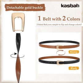 KASBAH Women's Reversible Belts Skinny Faux Leather Belt for Jeans Dresses Trendy Thin Waist Belt with Gold Buckle,0.9" Width