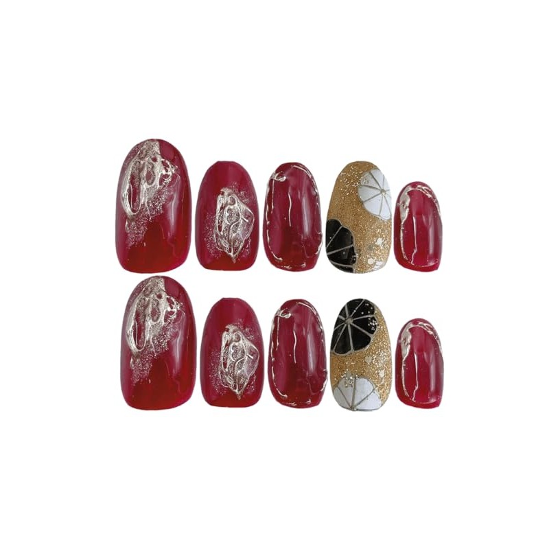 Kimono Red Nail Tip Japanese Style Golden Gold