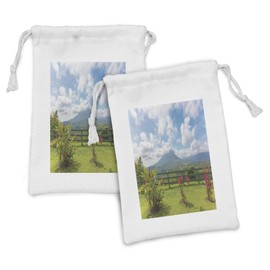 Lunarable Volcano Fabric Pouch Set of 2, View of the Arenal Volcano from Observation Point Costa Rica Scenic View, Small Drawstring Bag for Toiletries Masks and Favors, 9" x 6", Pale Blue Pink Green