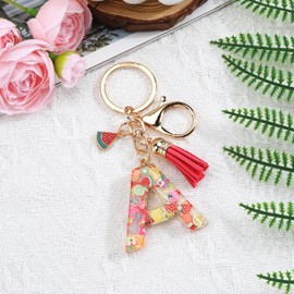 SHTALHST Initial Letter Keychain,Cute Fruit-Elements Initial Letter A Keychain,Pink Tassel Watermelon Charms Keychains for Women