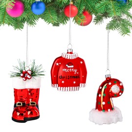 Christmas Ornaments Christmas Tree Decorations Glittered Xmas Boots Sweater Hat Xmas Tree Ornament Glass Hanging Ornament for Xmas Tree Party Decoration 3 Pack