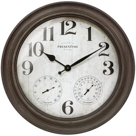 Presentime & Co. 26" Clifton in/Outdoor Farmhouse Clock with Thermometer & Hygrometer as All in One Weather Station, Farmhouse Wall Art and Timepiece for Home Decoration, Grey Oak Finish
