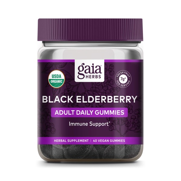 Gaia Herbs, Adult Daily Gummies, Organic, Vegan, Sambucus Black Elderberry Supplement for Daily Immune and Antioxidant Support , 40 Count (Pack of 1)