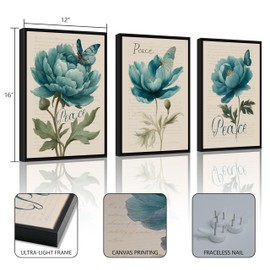 ELSKER&HOME Framed Wall Art,Blue Flower Wall Decor 3 Piece,Peony Floral Canvas Prints with Butterfly for Livingroom Bedroom Bathroom Dining Room,12x16in