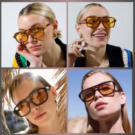 BAWUYI Retro Aviator Sunglasses Men Women Vintage 70s Square Glasses Double Bridge Trendy Rectangle Shades (Yellow Tortoise Frame/Orange Lens)