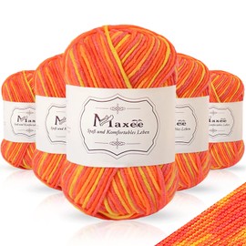 Maxee Rainbow Hand Knitting Yarn 250 g (5 x 50 g), Crochet Yarn Colourful Gradient, Crochet Wool, Acrylic Yarn for Knitting, Cotton Wool, Multicoloured Yarn for Knitting, Crochet and Crafts (Orange)