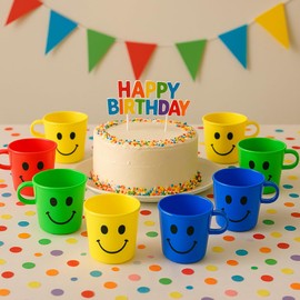 Dependable Industries inc. Essentials 8-Pack Smiley Face Plastic Cups – 8oz BPA-Free Reusable Mugs, Assorted Colors – Fun Drinking Cups for Parties, Gifts & Everyday Use