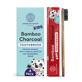 Charcoal House 4-Pack Kids Organic Bamboo Charcoal Toothbrushes Set - Biodegradable & Natural - Perfect for Toddler to Children's Age - with Soft Bristles for Gentle Brushing