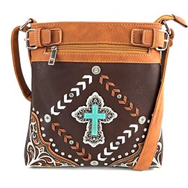 Zelris Turquoise Rhinestone Cross Chevron Women Conceal Carry Crossbody Messenger (Brown)