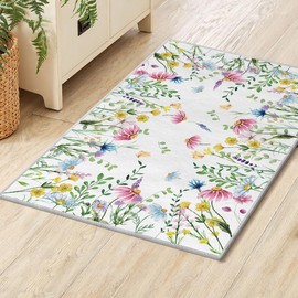 Artoid Mode Daisy Eucalyptus Lavender Floral Leaves Spring Area Rug, Summer Home Decor Low-Profile Washable Door Mat for Entryway Bedroom Living Room Laundry Room Indoor 2x3 Feet