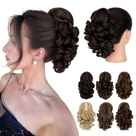 Fanguilar Ponytail Extension, 9" Short Claw Clip Ponytail Extension Curly Wavy Jaw Clip on Pony Tails Hair Extension Synthetic Hairpiece for Women, Dark Brown