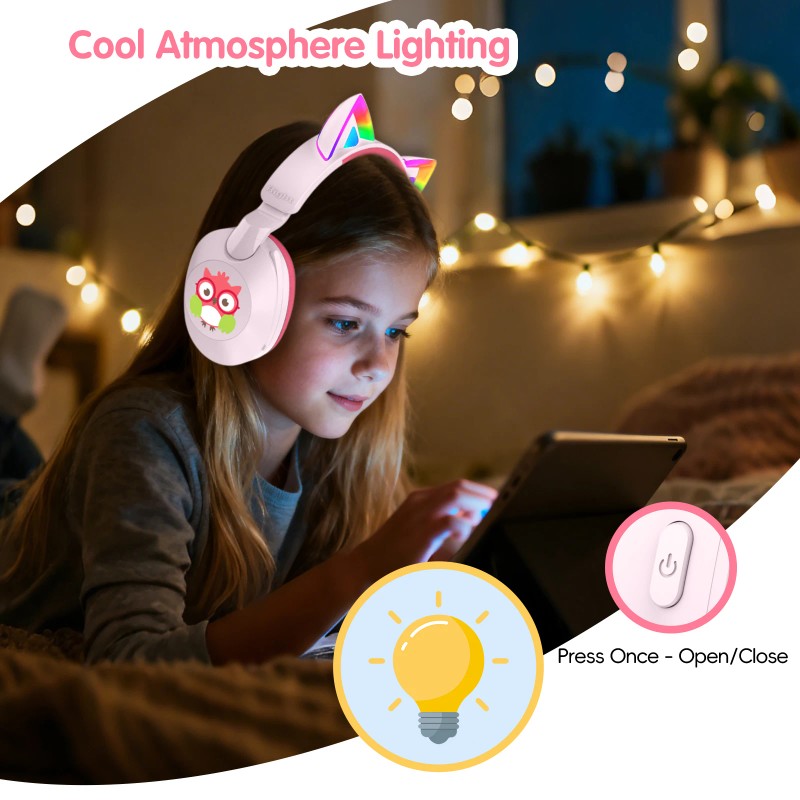 LOBKIN Kids Headphones Microphone Toddler Cat Ear LED Light Rotatable