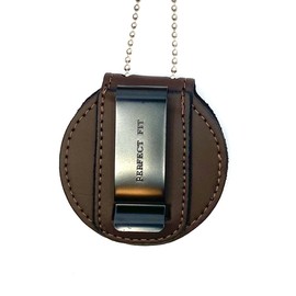 Perfect Fit Universal Round Police Badge Holder with Metal Belt Clip and Bead Chain Necklace, Hook and Loop Closure, Brown Leather
