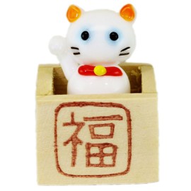 かわいい 手作り ガラス細工 枡入り 白猫 CYK620