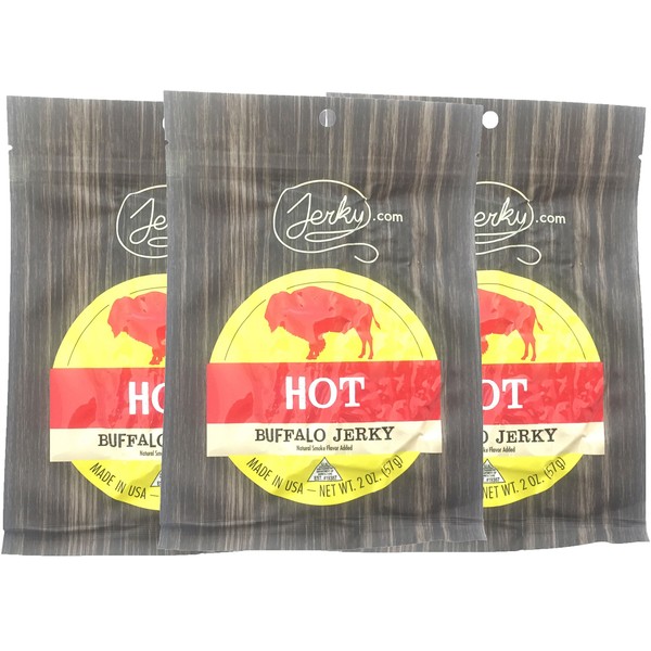 Jerky.com's Hot Buffalo Jerky - 3 PACK - The Best Wild Game Bison Jerky on the Market - 100% Whole Muscle Buffalo - No Added Preservatives, No Added Nitrates and No Added MSG - 5.25 total oz.