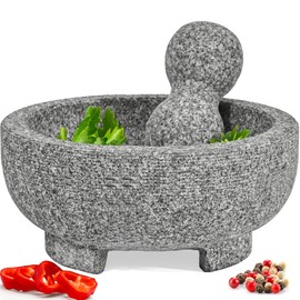 PriorityChef Granite Mortar and Pestle Set - 8 Inch Natural Stone Molcajete Mexicano for Spices, Seasonings, Pastes - Pestle and Mortar Bowl for Fresh Guacamole, Salsa, Pesto, Large, Grey