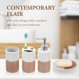 MyGift Deluxe 4 Piece Dual Tone White with Clay Stripe Ceramic Bathroom Accessories Set, Includes Soap Dish, Pump Dispenser, Tumbler Cup, and Toothbrush Holder