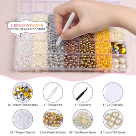 9700PCS Wedding Flatback Pearls and Rhinestones for Bedazzling Crafts, 140PCS 3D Flower Charms Big Teardrop Heart Gems for Nail Art, Costume Making, Tumbler Decoration with Tweezer & Pickup Pen