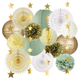 YUNXUAN Sage Green Party Decorations, Sage Green Paper Lanterns Tissue Paper Pom Poms Paper Fans Honeycomb Decorations for Baby Shower Bridal Shower Wedding Birthday Party Decorations