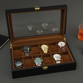 R.SHENGTE Watch Box,12 Slots Wooden Watch Organizer Box with Real Glass Top,Jewelry Storage Display Case for Men Father Husband Boy Friend
