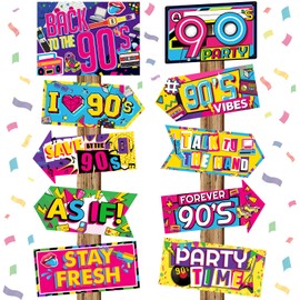 20 Pieces 90s Party Sign 90s Posters Funny 90s Photo Booth Props Arrow 90s Memorabilia Colorful 90s Party Decorations 90s Throwback Phrase Cutouts Wall Decor for 90s Themed Party Supplies, 10 Styles