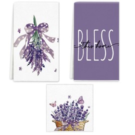 Spring Lavender Flowers Kitchen Towels Dish Towels, 16x24 inch Bless Purple Lavender Floral Kitchen Towels Set of 3, Decorative Hand Towels for Spring Summer Kitchen Decoration