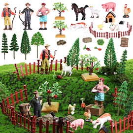 RoundFunny 27 Pcs Farm Toys Set, 3 Little Farmer Figurines 9 Plastic Animals Figurines 10 Farm Feed Food Fence Playset 4 Model Trees 1 Moss Mat Animal Farm Toys for Educational School Project Gift
